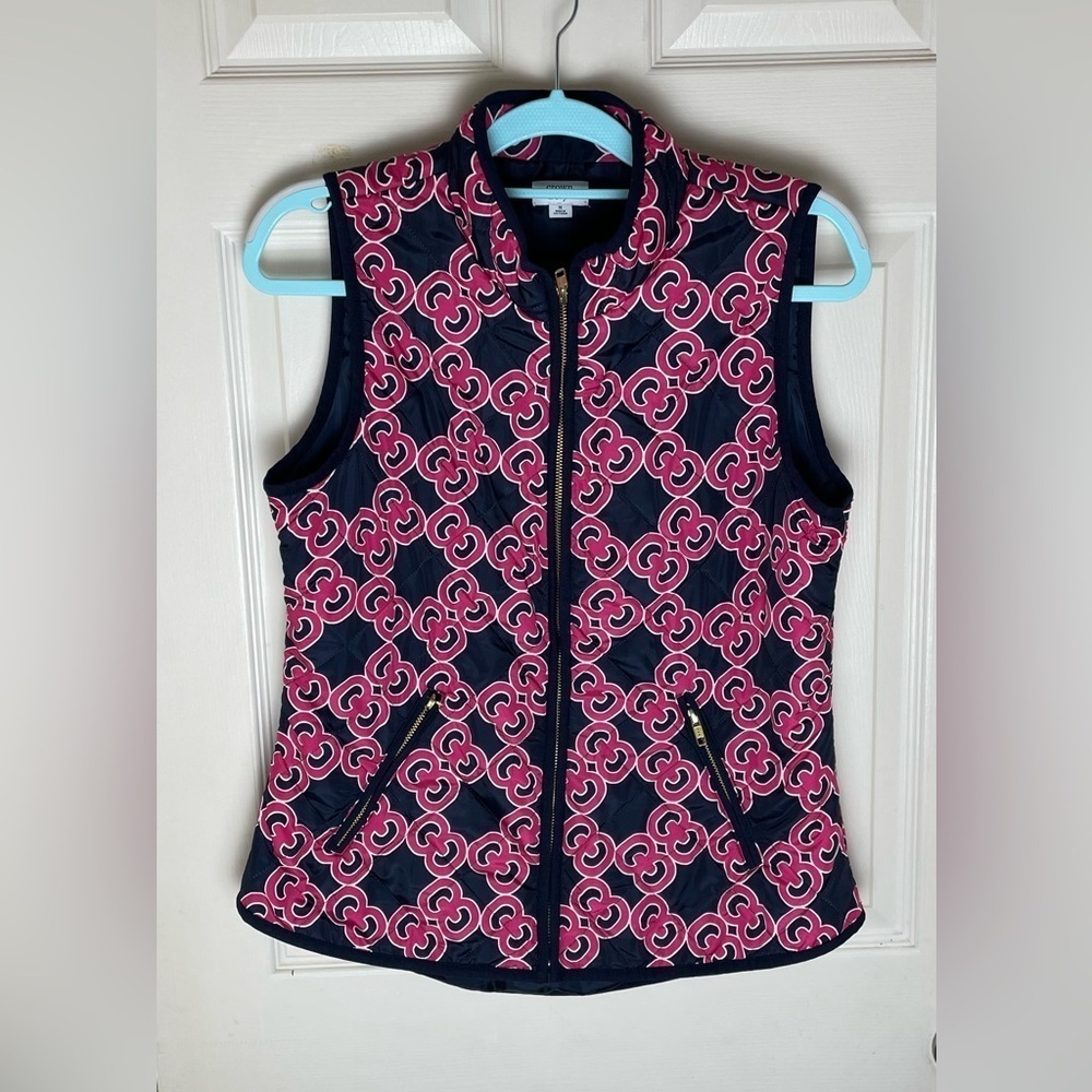 Crown & Ivy Navy Blue Pink Quilted Chain Link Full Zip Vest